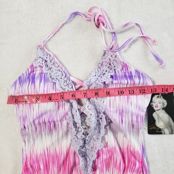 Marilyn Monroe One Piece SwimSuit Women's Small Purple Pink Lace Deep V Halter - Picture 5 of 7
